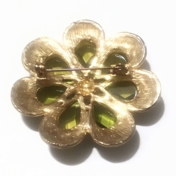 Gold Tone Green Enamel and Rhinestone Flower Brooch Pin - Picture 5 of 5